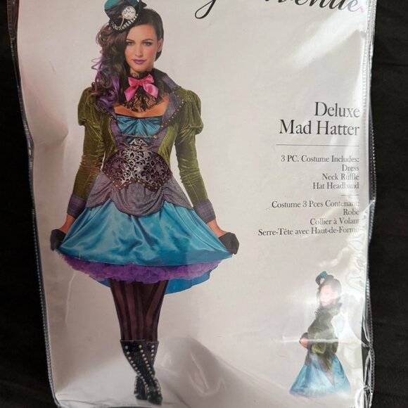 Leg Avenue Deluxe Mad Hatter Costume With Hat & Neck Ruffle 3 Pc Size M Green/Bl - Picture 2 of 7